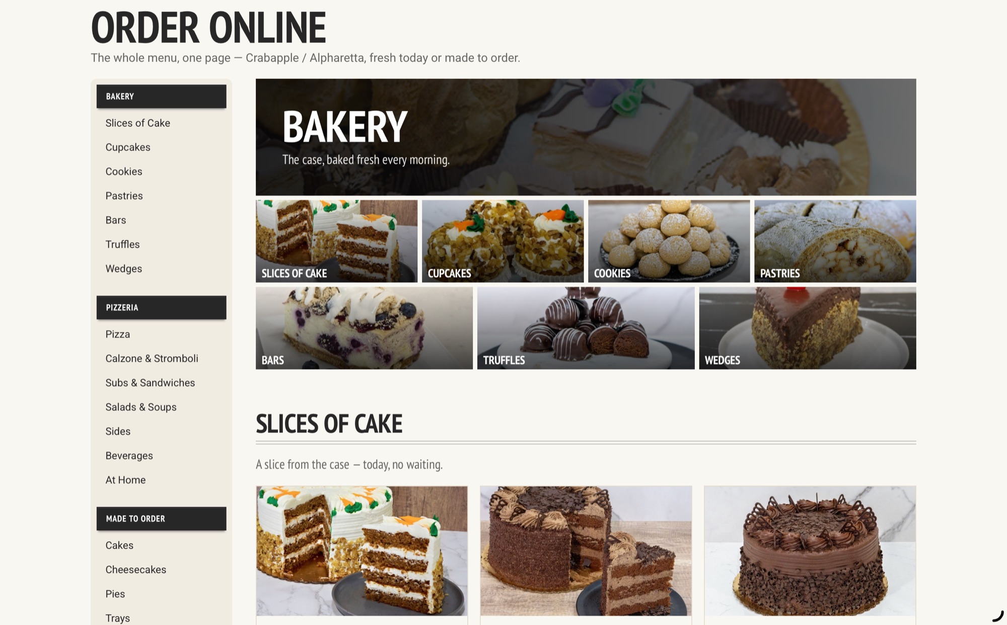 The online ordering page, with the whole menu in one sidebar and photographed category tiles.