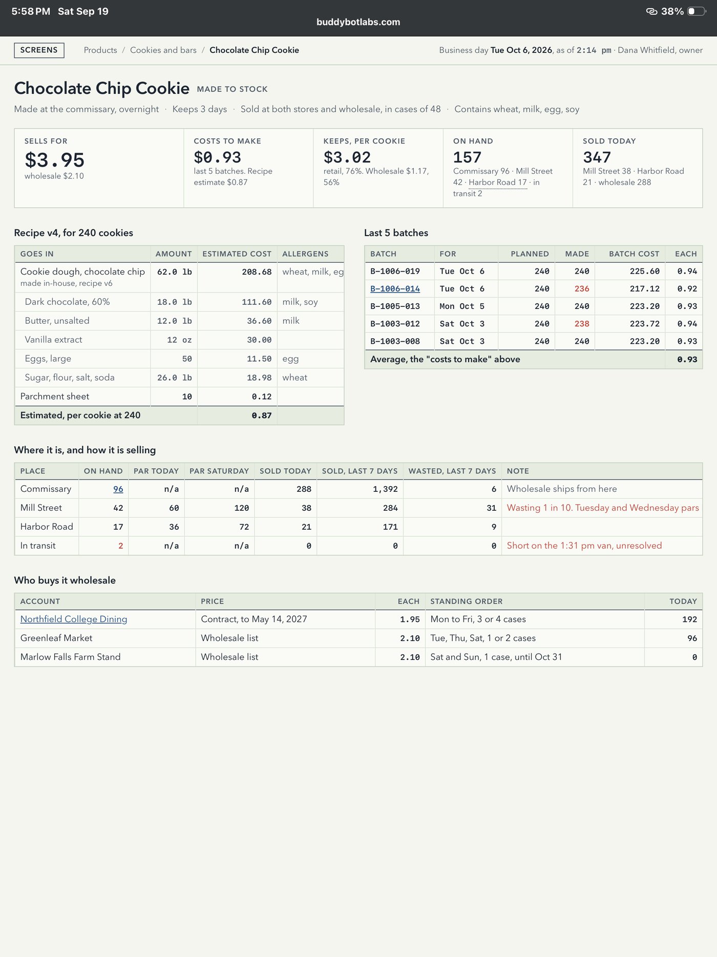 Everything about one product: price, cost, recipe, the last five batches, where it is and how it is selling.