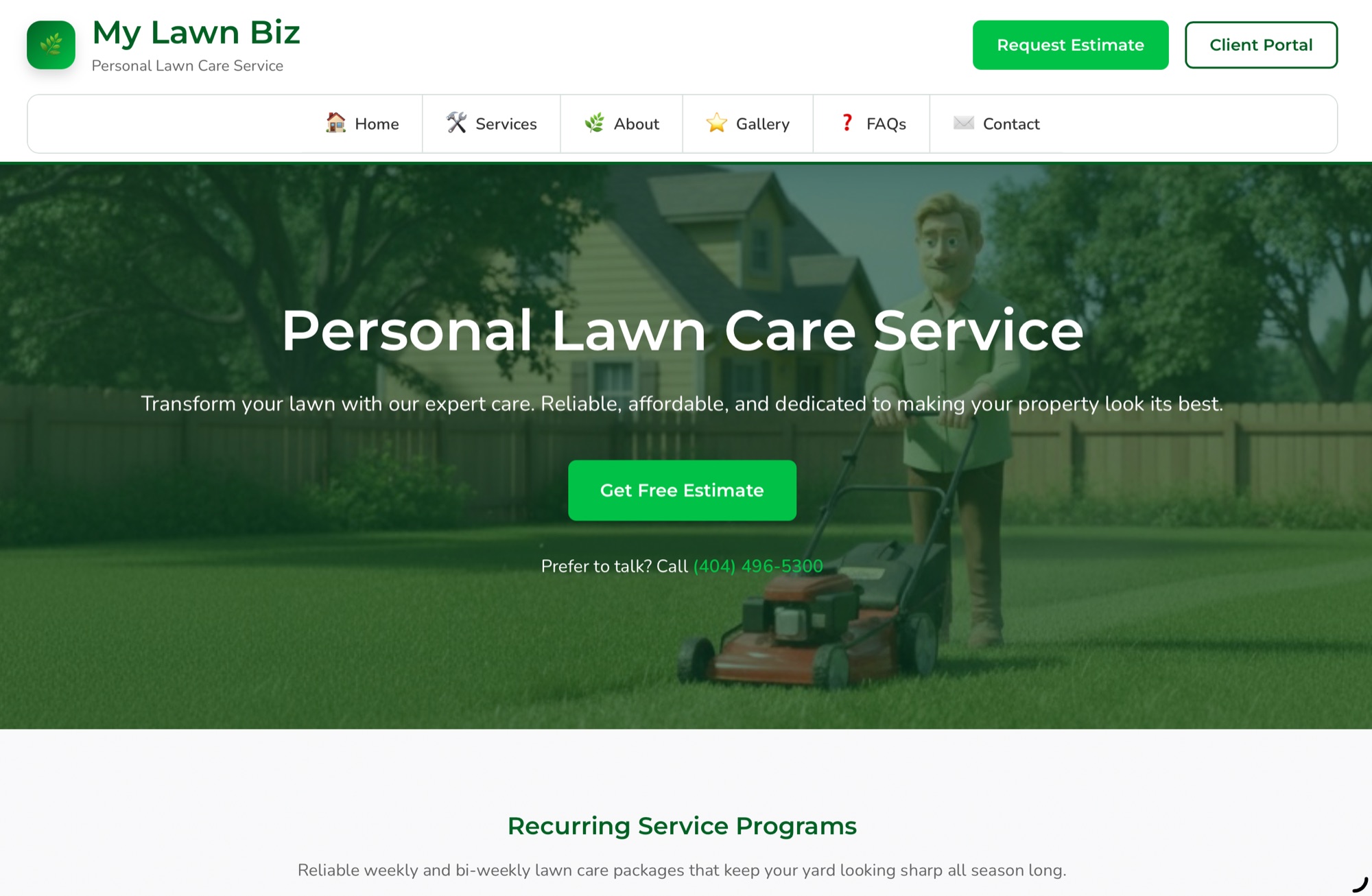 The public website a lawn care business gets, with an estimate request form and a client portal link.