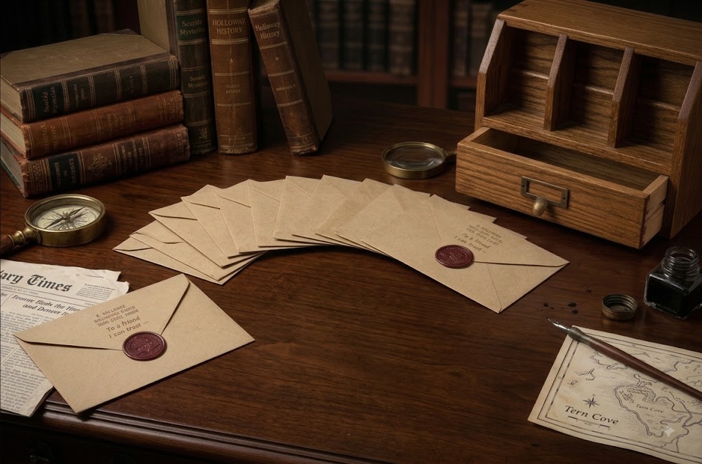 Twelve kraft envelopes fanned across a dark wood desk, each sealed with dark red wax, surrounded by old books, a brass compass, an ink bottle and dip pen, a newspaper and a hand-drawn map.
