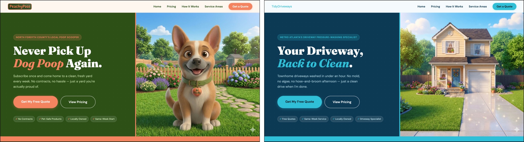 Two homepages side by side with the same layout, a dog waste pickup service in green and peach on the left, a driveway pressure washing service in blue and aqua on the right.
