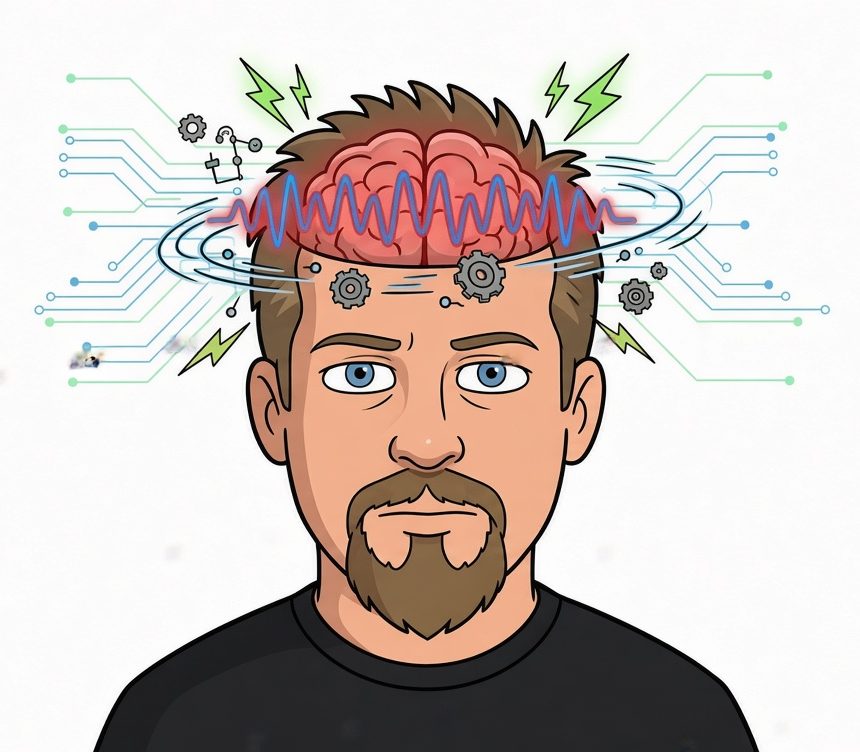 A cartoon of me with the top of my head open and my brain exposed, circuit traces, gears and lightning spilling out of it.