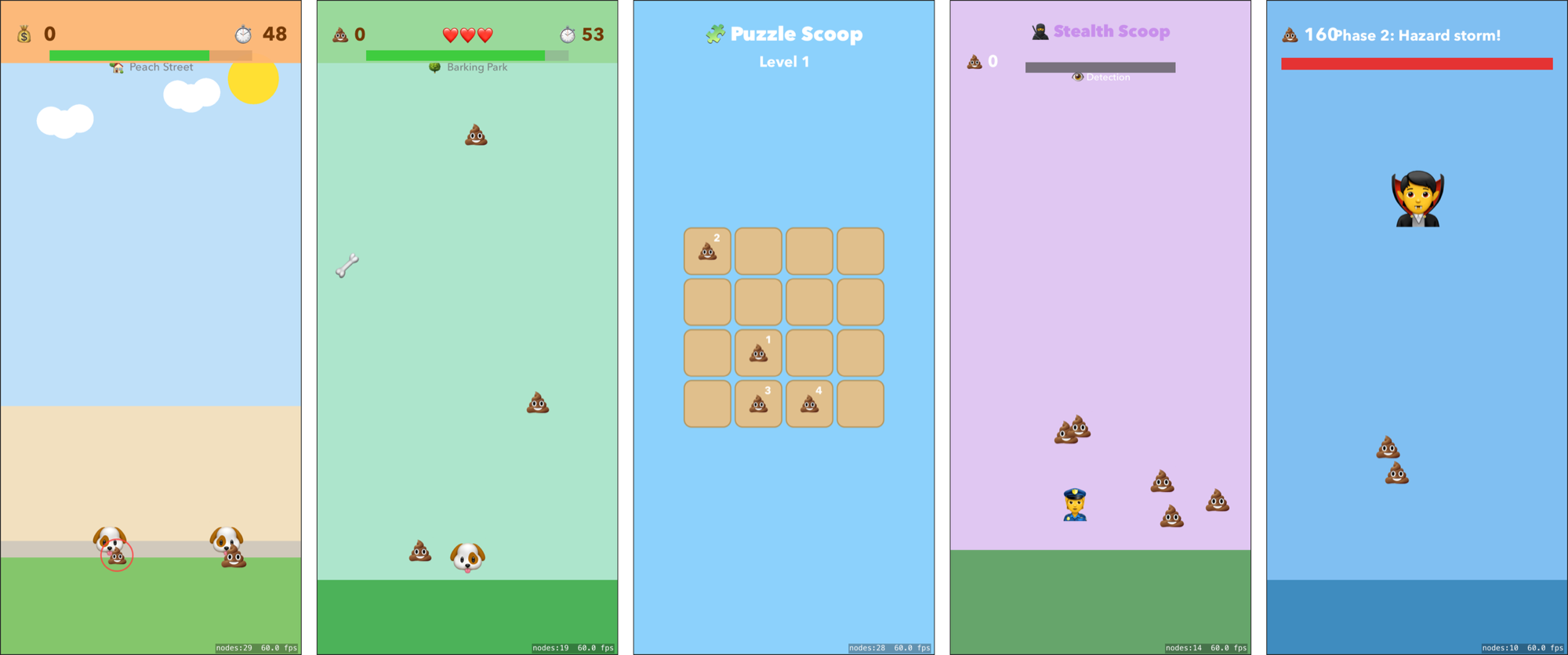 Five phone screens side by side, each showing a different mini-game mode.